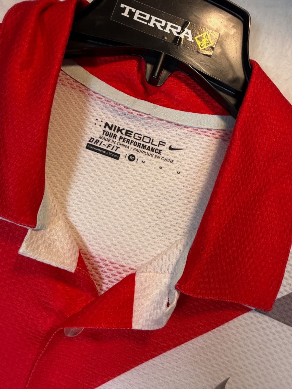 Nike Golf Polo Shirt Mens Size Medium Red White Dri-Fit Performance Colorblock - Picture 3 of 7